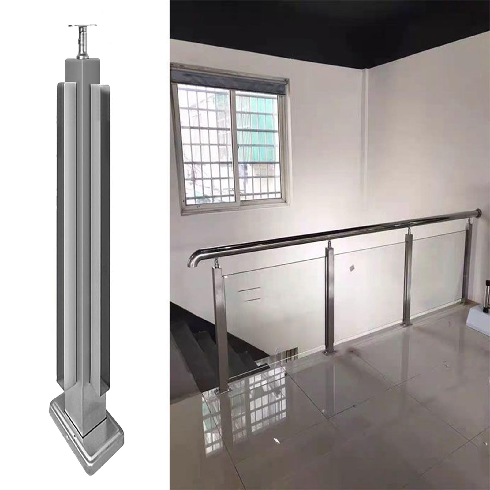 GJZNJYL Silver Glass Railing Post for Staircase & Deck - Stainless Steel Vertical Balusters, 85cm/33.5in Dustproof Support System, Square Corner Post for Stairs & Fences