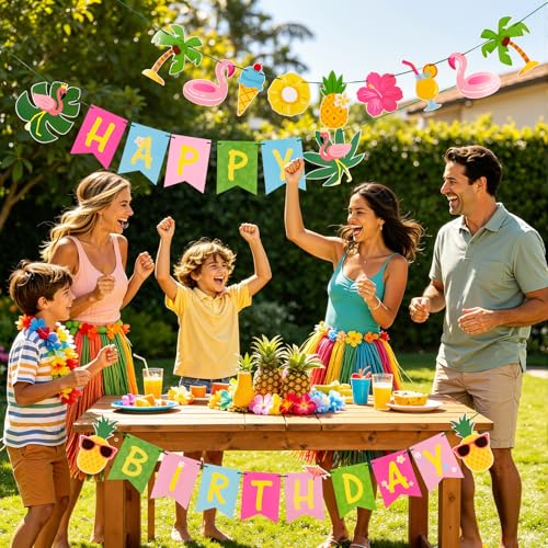 Image of SUNBEAUTY Hawaiian Happy Birthday Banner Tropical Luau Party Birthday Flamingo Pineapple Palm Leaf Banner for Summer Birthday Party Decorations Supplies | Pre-Strung