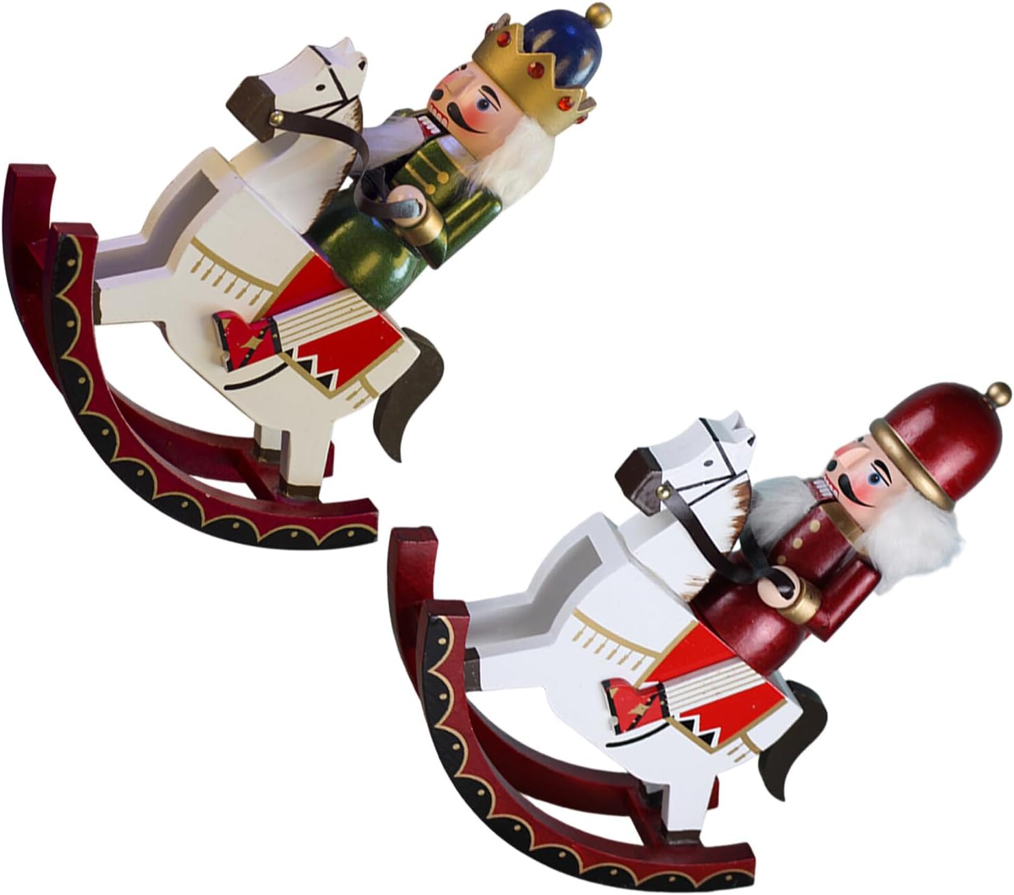 2pcs Wooden Christmas Nutcracker Ornament Set – Rocking Horse and Soldier Figurines in Green and Red – Traditional Holiday Tabletop and Mantle Decorations for Festive Home Display