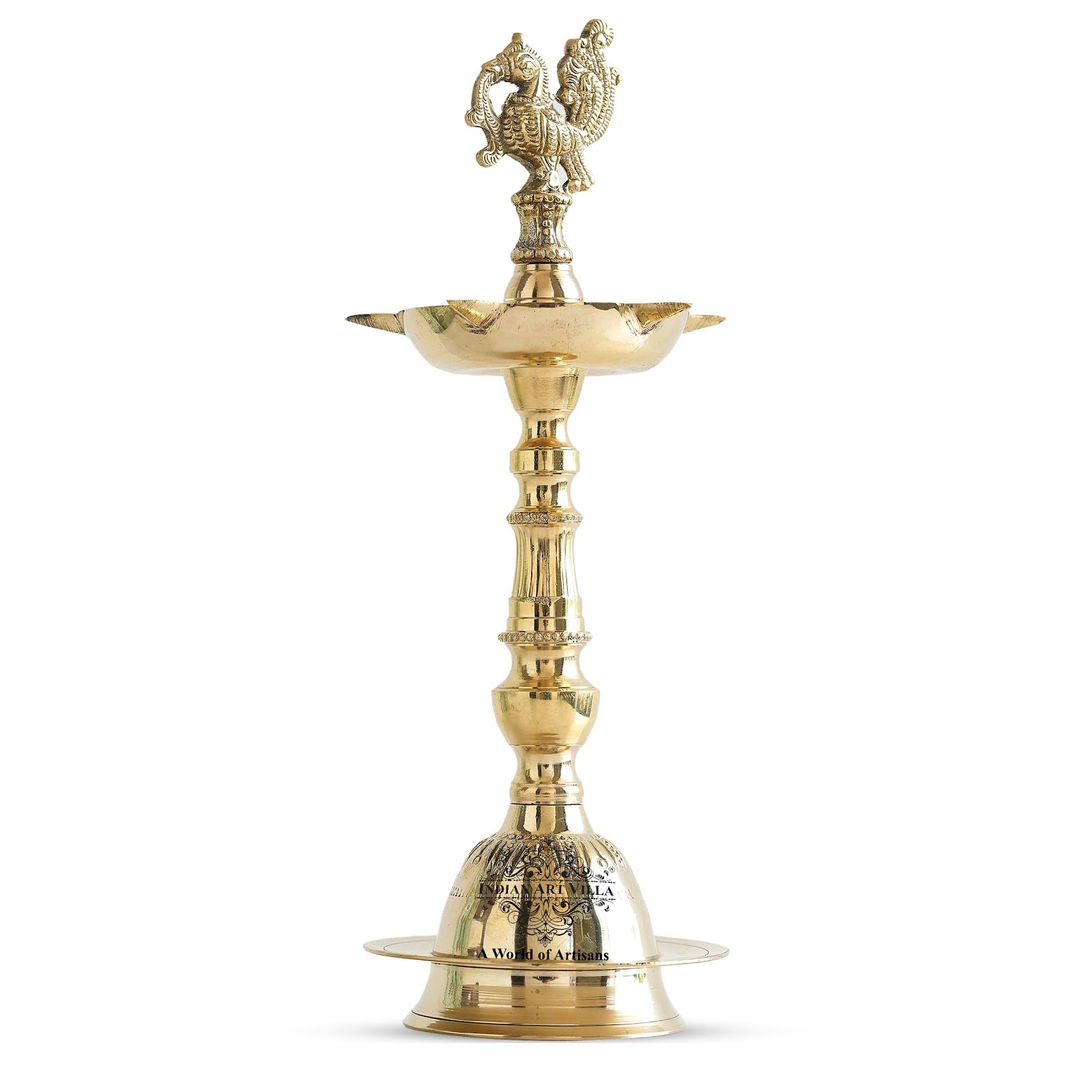 INDIAN ART VILLA Brass Standing Pillar Diya with Dana Kashi Murga Design, Festive Oil Big Lamp for Puja, Diwali, Home Décor, Temple, and Design Brass Diya, Height - 12 inch-image-41