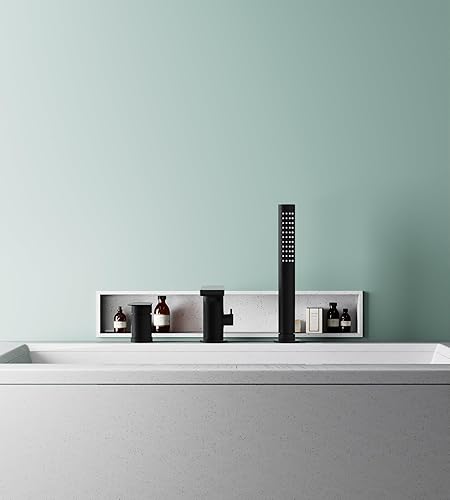 Miniatura 8 de Grifo de bañera romano moderno negro mate con boquilla giratoria de 360°, grifo de bañera de montaje en cubierta con ducha de mano, grifo de llenado