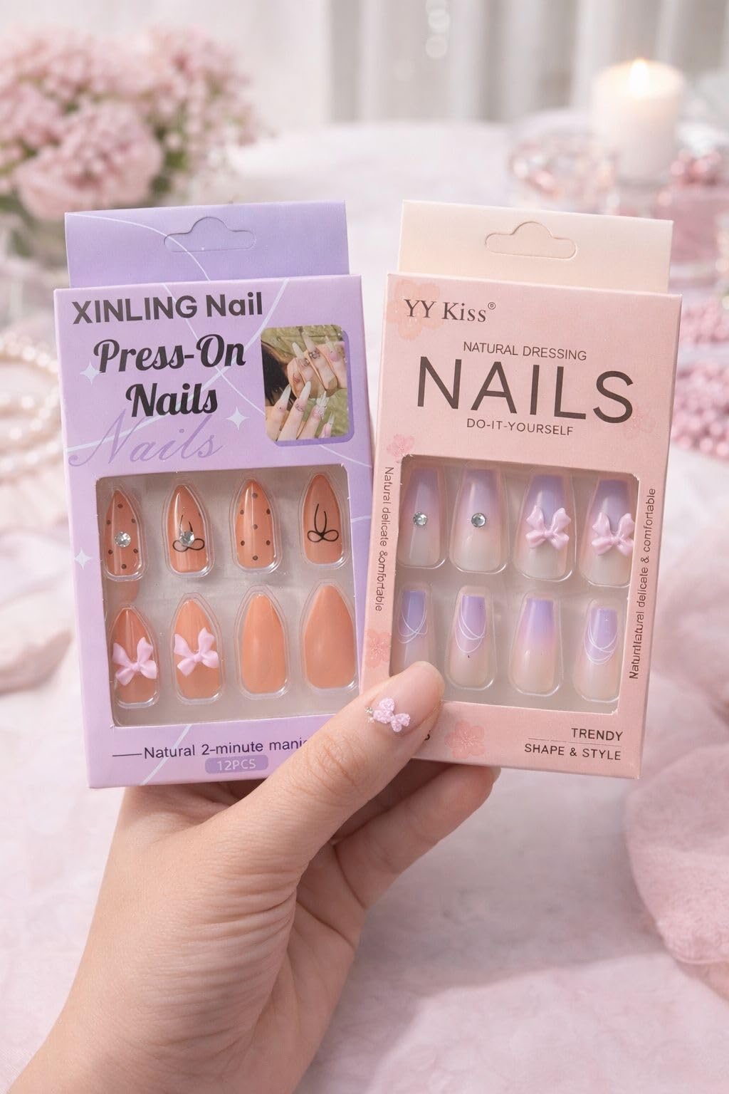Press-On Artificial Nails Set, Pack of 2 Boxes, Random Colors with Glitter, Romantic Cool Collection-image-23