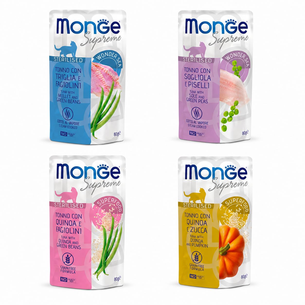 Monge Chat – Stérilised dans des saveurs assorties, nourriture humide équilibrée pour chats adultes stérilisés, sans colorants ni conservateurs ajoutés, 12 sachets de 80 g chacun.