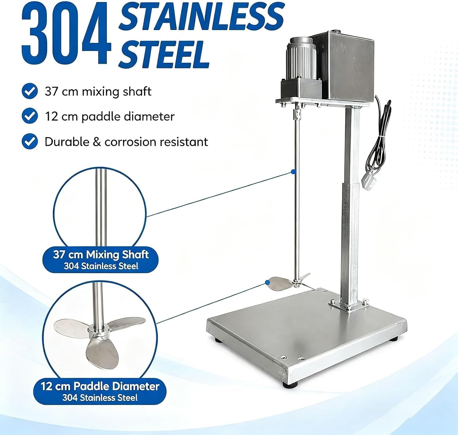 Mezclador de pintura vertical 400 trmin con soporte ajustable 30-48 cm, eje y pala de acero inoxidable para uso en taller o laboratorio. Mezclador versátil