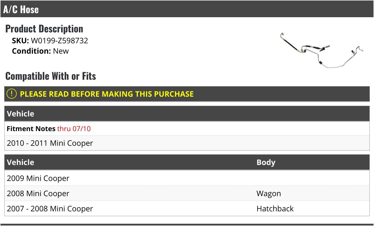 Marketplace Auto Parts A/C Hose - Compatible with 2007-2011 Mini Cooper (Up to 07/2010)