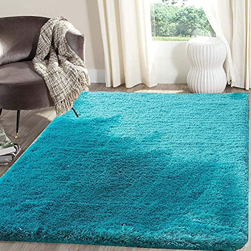 Image of Carpet for Living Room, 7x10 Feet Turquoise Solid Plain Modern Polyster Luster Shaggy Ultra Thick and Pluffy Soft Shag Area Rug for Your Bedroom, Kid Room, Office and Home