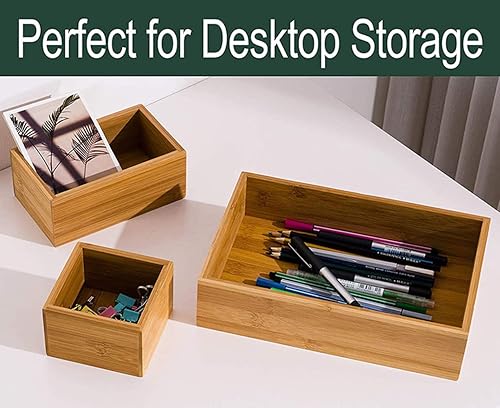 Miniatura 6 de Lawei Juego de 5 cajas organizadoras de cajones de bambú, kit de caja de almacenamiento de escritorio, contenedores de almacenamiento de cajones