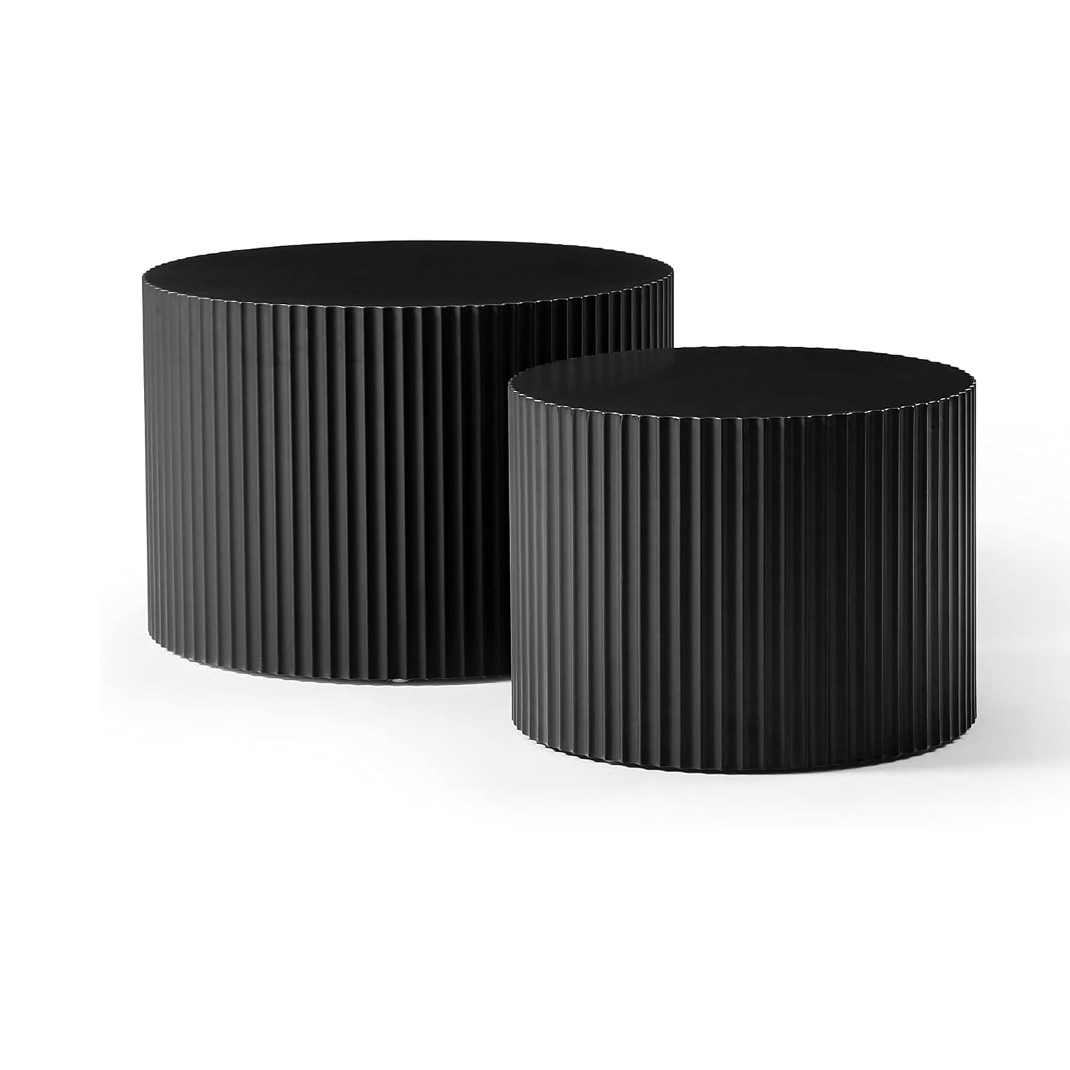 Round Nesting Coffee Table Modern Fluted Coffee Table Set of 2 Wood Circle Drum Coffee Table Crescent Side Tables Accent End Table for Living Room No Assembly,Black Large