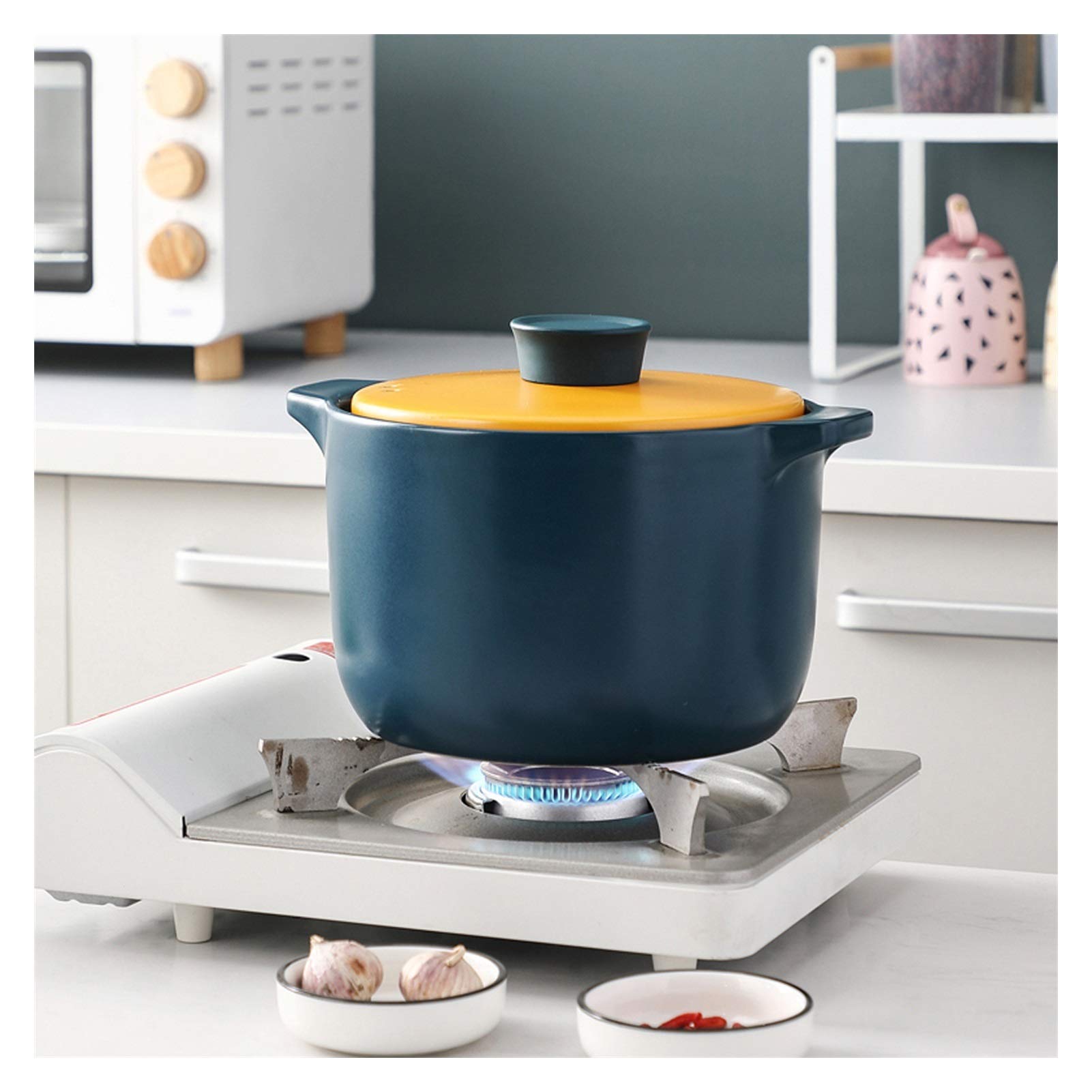 Ceramiczny garnek do zapiekanek, okrągły garnek do zupy 3,6 l, trwałe naczynia kuchenne, nieprzywierające przybory kuchenne z żółtą pokrywką dla łatwego serwowania i przechowywania