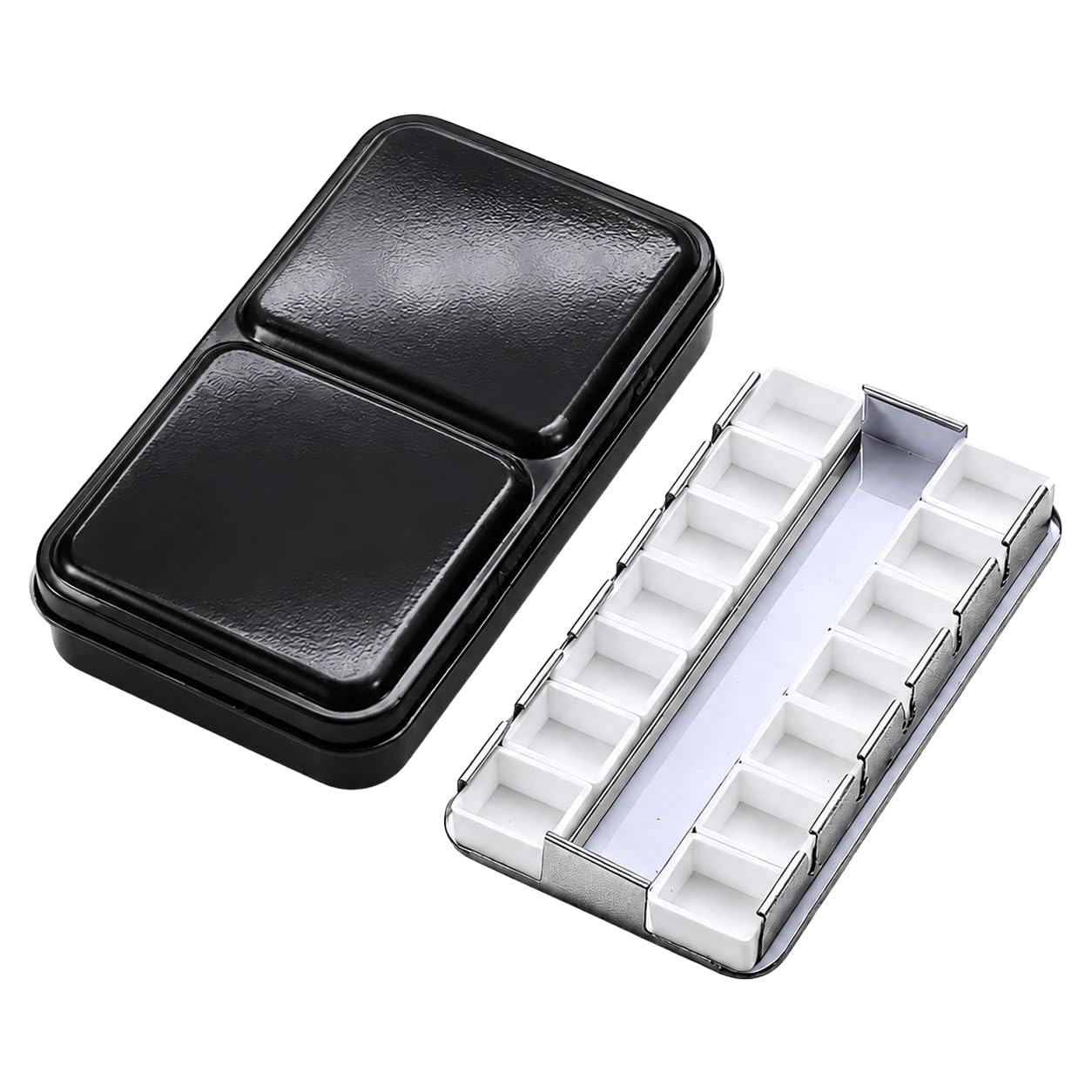 UIHRLM Empty Watercolour Paint Palette, Metal Well Folding Watercolour Mixing Palette with 14PCS Half Pan, Portable Tin Paint Fold-out Case Box with Lid for DIY Watercolor Palette Travel (Black)