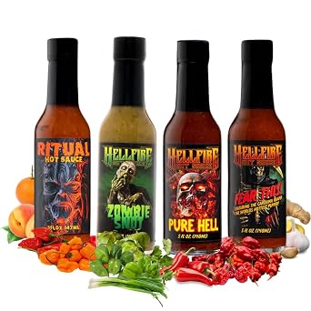 Hellfire Hot Taco Lovers Gift Pack - Gourmet Hot Sauce Variety Pack With 4 Flavors for Tacos Four 5 oz. Bottles