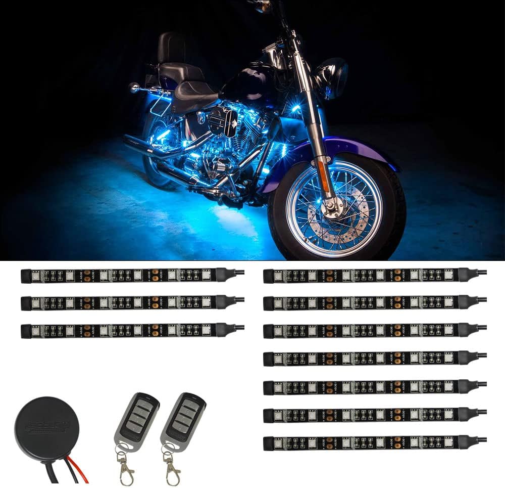 LEDGlow 10pc Advanced Ice Blue LED Motorcycle Accent Neon Underglow Lighting Kit - 4 Patterns - 4 Brightness Levels - 6" Flexible Light Strips - Includes Waterproof Control Box & 2 Wireless Remotes
