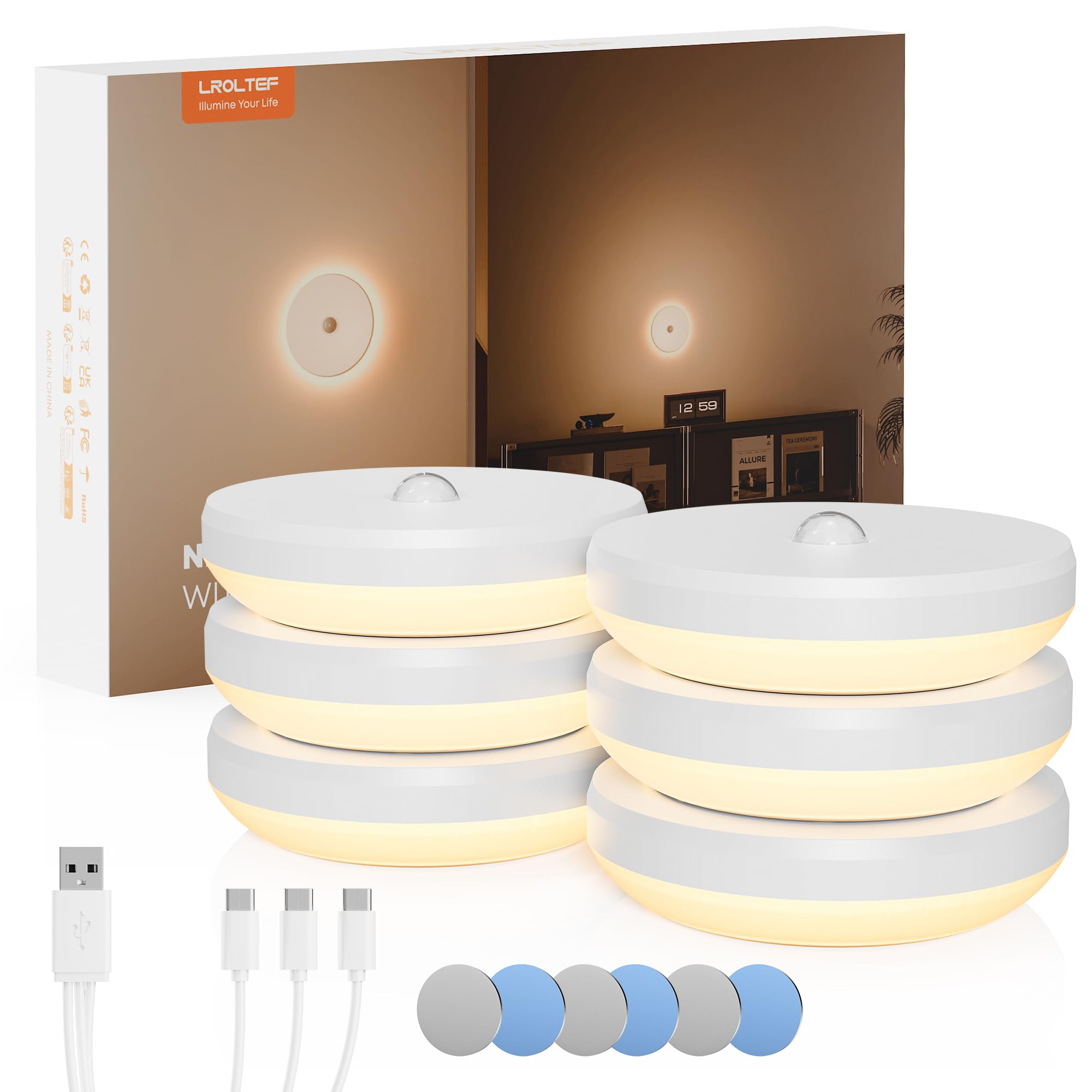LROLTEF Veilleuse Led Lampe avec Mouvement Detecteur - Aimantée Lumiere Placard Rechargeable sans Fil avec Motion Sensor Détecteur Interieur pour Passage Couloir Escalier | 6 Pièces