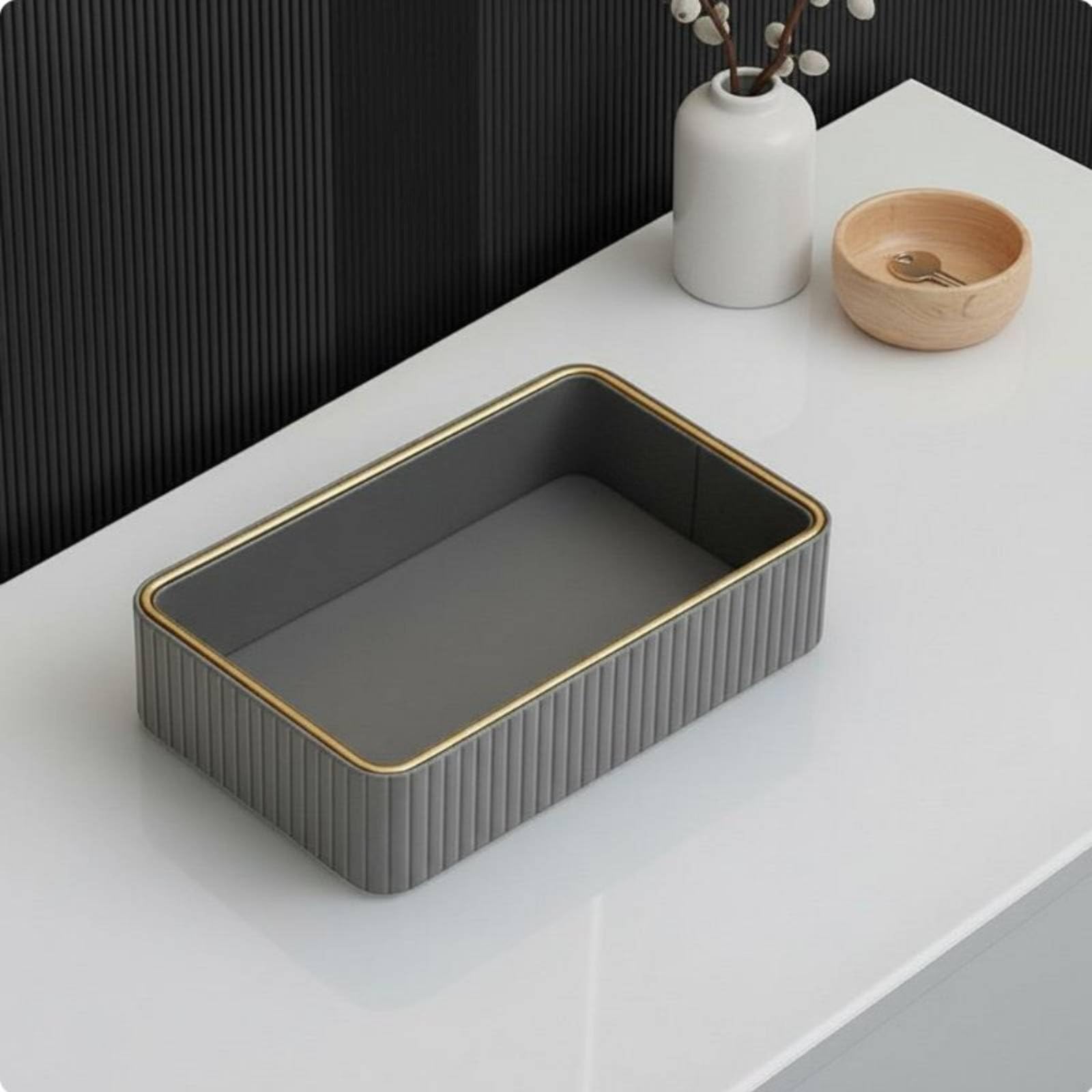 Gralara Vassoio Svuotatasche Rettangolare Multiuso Contenitore Portaoggetti a Righe Resistente Alla Polvere Organizer da Tavolo per Scrivania, Bagno, Bianco Sporco
