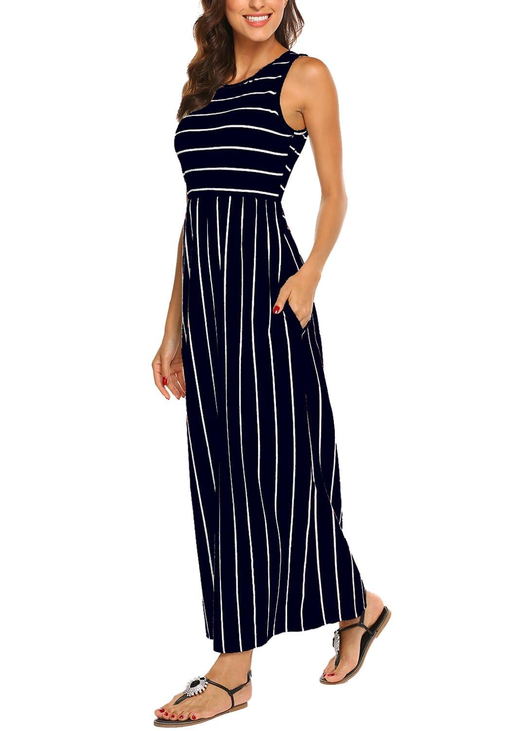BDTECAOR Maxikleid Damen Sommer Boho Ärmellos Strandkleider Lässige Lange Tank Kleid mit Taschen