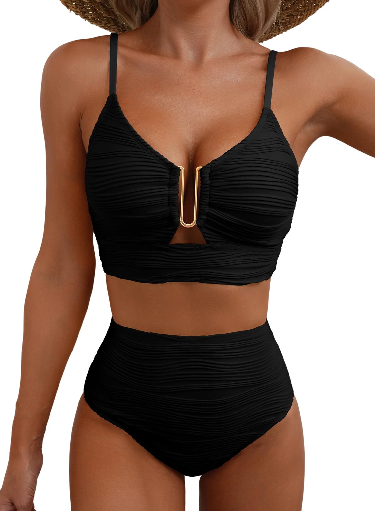 Dokotoo Bikini Damen Set Push Up Sexy U-Bügel Bikinis High Waist Bauchweg Wellen Textur Bademode Zweiteiliger Badeanzug S-XXL