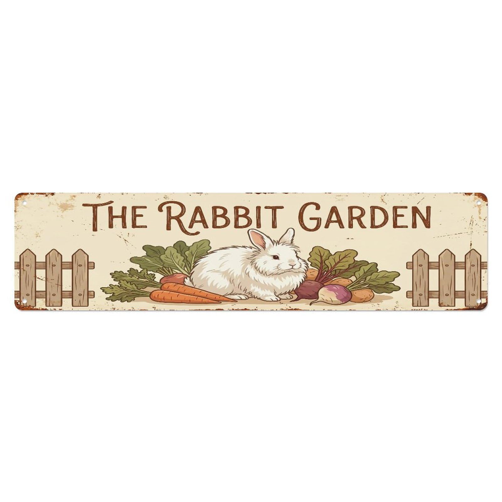 Metal Tin Sign Vintage Rabbit Farm Scene The Rabbit Garden
