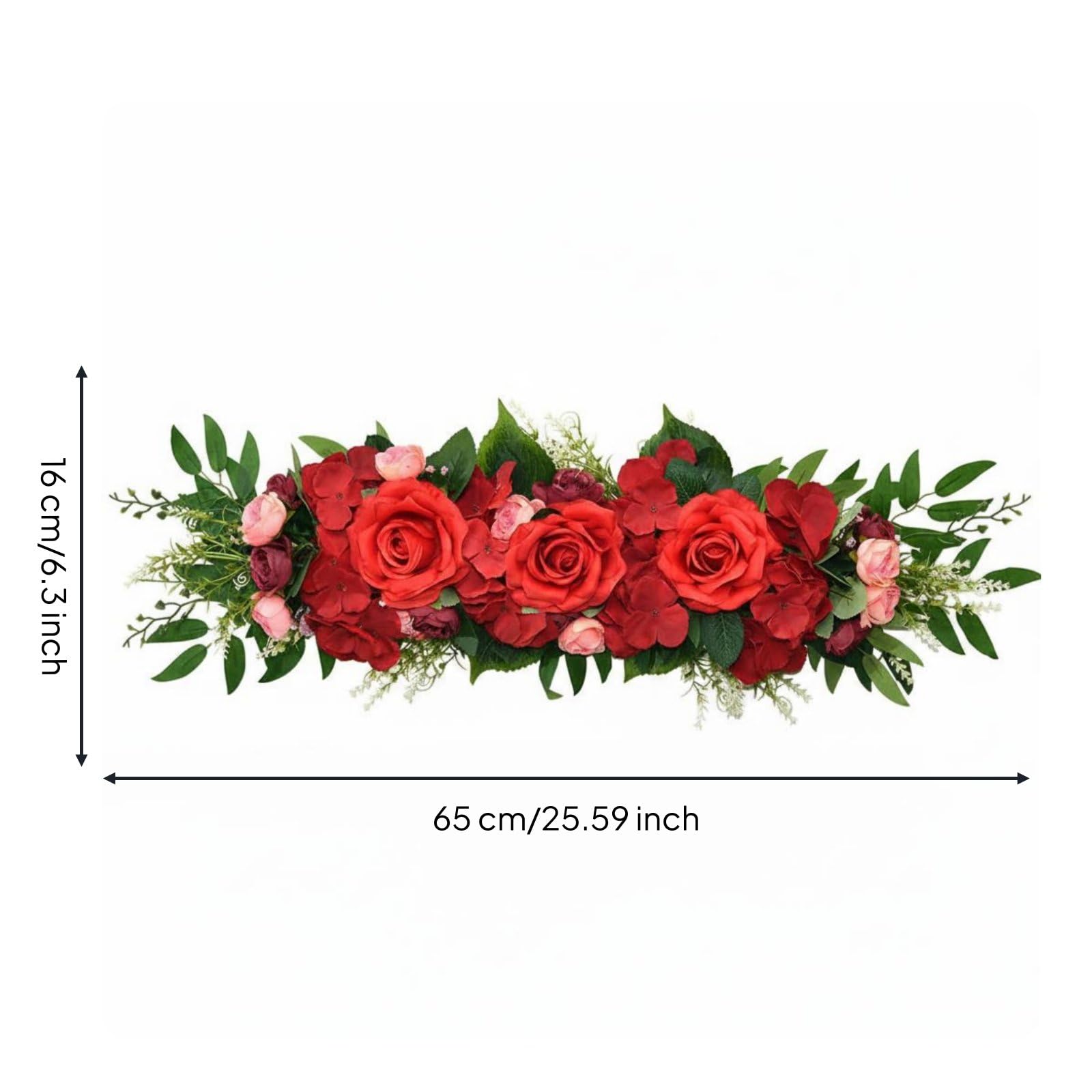 Guirlande de Mariage Synthétique Guirlande Florale Roses Soyeuses Verdure Rotin Composition Raffinée Unique Décoration Adaptée aux Mariages Extérieur Festif Maison Miroir, Rouge
