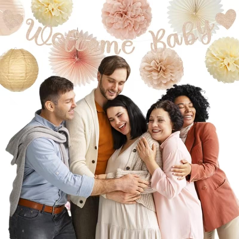 Image of Champagne-Gold Beige Fall Baby-Shower Party-Decorations - 36pcs Welcome Home Banner Sign,Neutral Paper Lanterns,Girl Streamers Garland,Boho Hanging Tissue Pom Poms Flowers Fans Backdrop Decor Burgleda