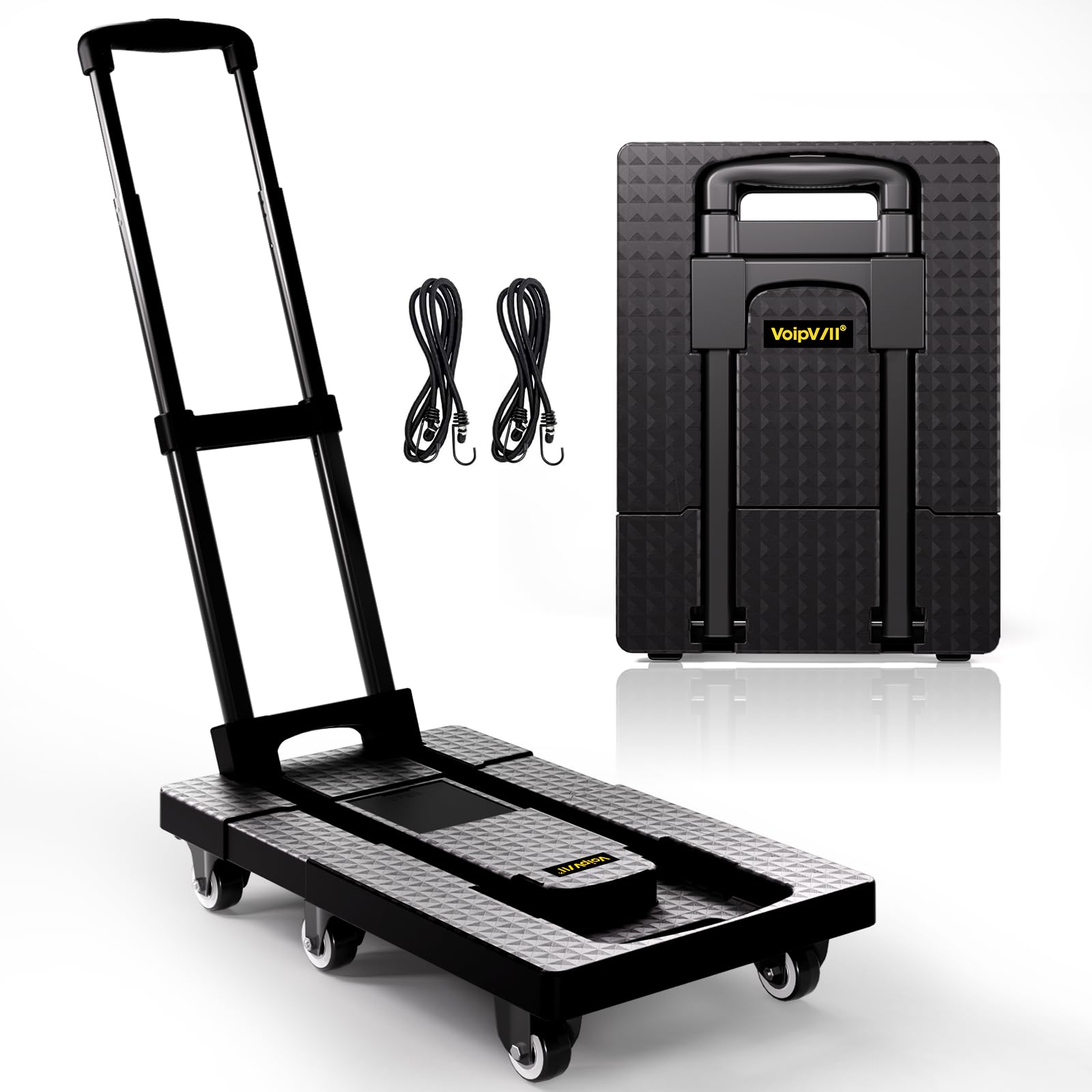 Voipvvii Folding Hand Truck 500lbs, Portable Heavy Duty Dolly Cart, 6 Wheels Collapsible Luggage Cart with 2 Elastic Ropes - Compact Trolley for Easy Moving - Ideal Hand Cart for Travel and More