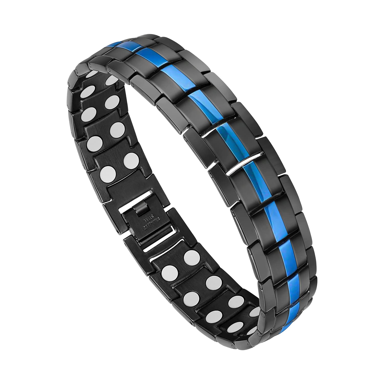 Feraco Mens Pure Titanium Magnetic Bracelet Magnetic Bracelet with Double Row Strong Magnets, Adjustable Jewelry Gift (Black & Blue)