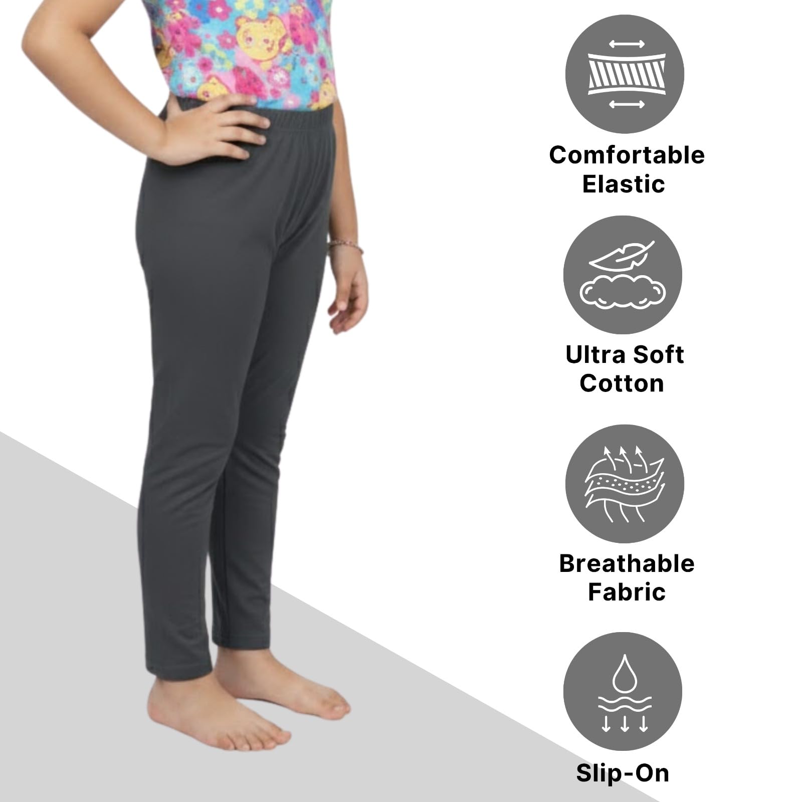 comfycute Cotton Leggings for Girls | Soft Stretchable Plain Ankle Length Bottoms for Kids | Non-Transparent Fabric | Comfortable Regular Fit Daily Leggings for All Day Use | 8-9 Yr Gray - Image 4 thumbnail