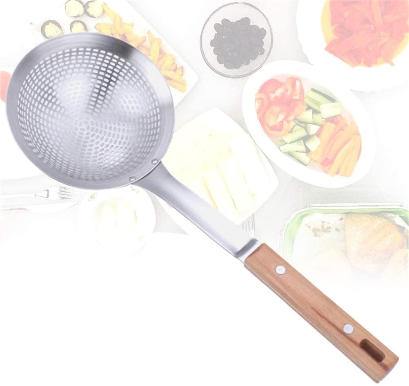 Colador colador tamices para cocinar utensilios de cocina, colador mango de madera colador acero inoxidable olla caliente drenaje cuchara fideos cuchara utensilios de cocina para restaurante hogar (