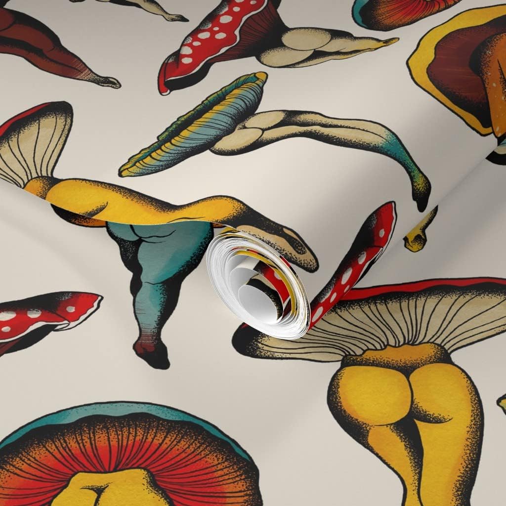 Removable Wallpaper 9ft x 2ft - Mushroom Booty Vintage Cute Kitsch Cottagecore Colorful Retro Custom Pre-Pasted Wallpaper by Spoonflower