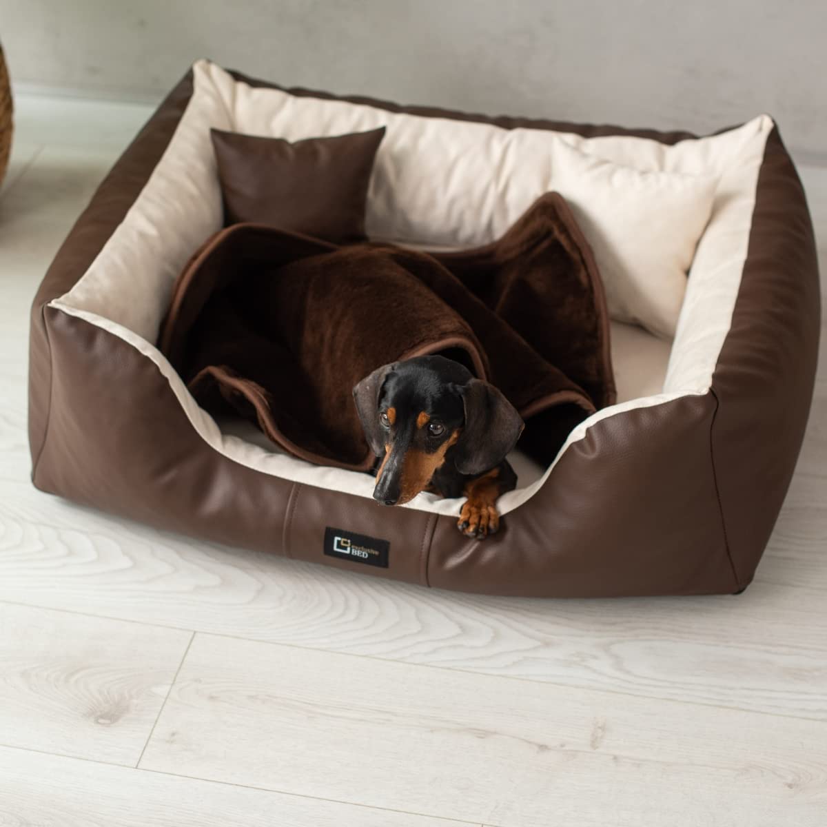 Orthopädisches Hundebett Eden Grosse Mittelgroße Kleine Hunde - Hundekissen Hundematte aus Öko-Leder + Alcantara-Stoff - Schmerzlindernd Abriebfest Reißfest (L, Braun-cremefarben)