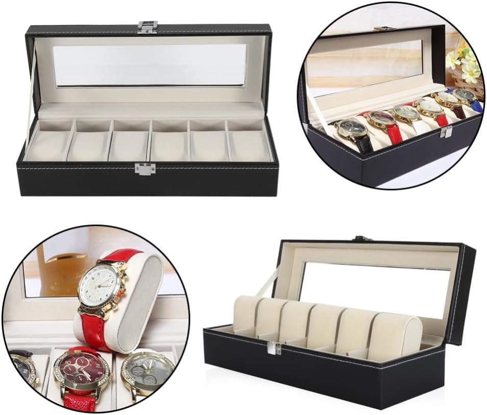 Jewelry Storage Box 6 Slots – PU Leather Watch Case with Glass Top, Organizer for Bracelets and Bangles, Secure Clasp Design
