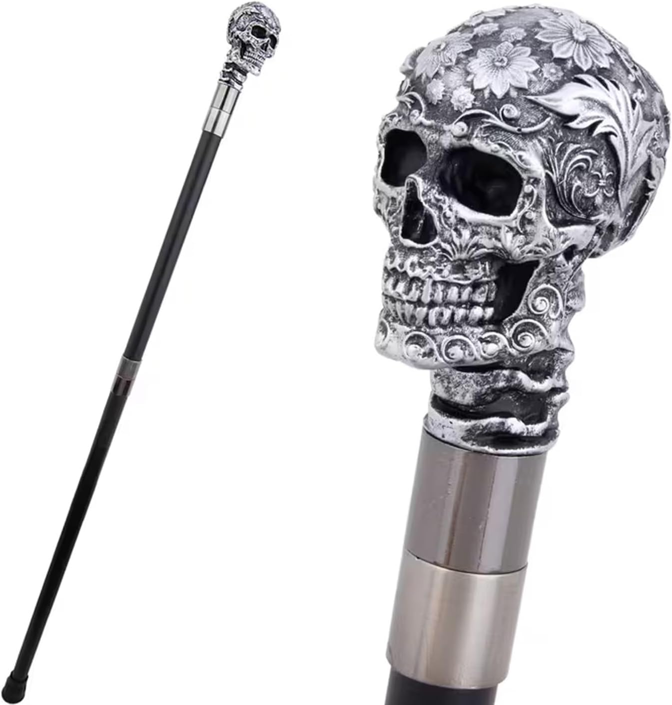 Silver Resin Rose and Skull Walking Cane, Luxury Men Womens Walking Stick, Removable Anti Slip Scepter, Cospaly Vintage Party 94cm