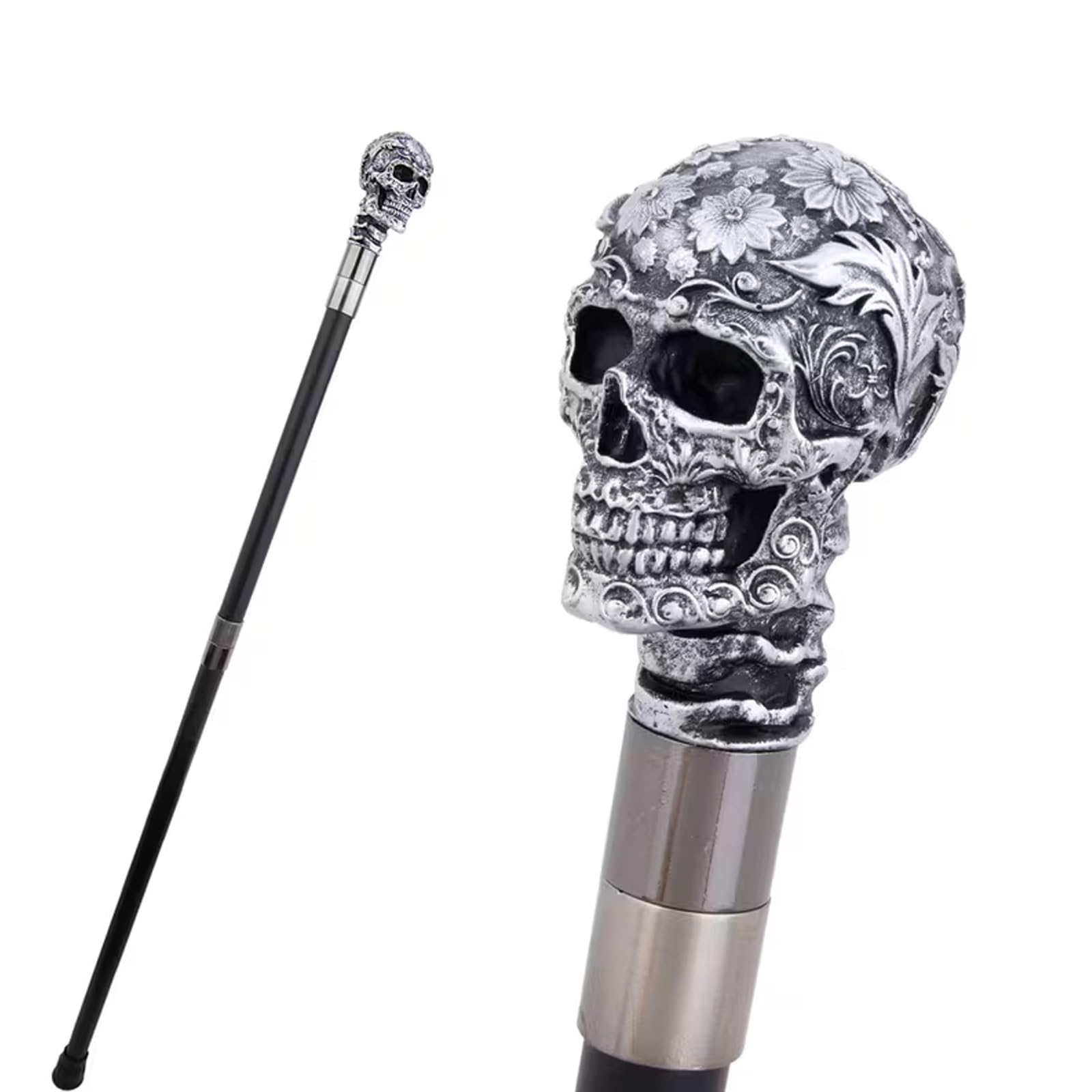 Bastón con Rosa y Calavera de Resina Plateada, Bastón de Lujo para Hombre y Mujer, Cetro Antideslizante Extraíble, Cospaly Vintage Party 94 Cm