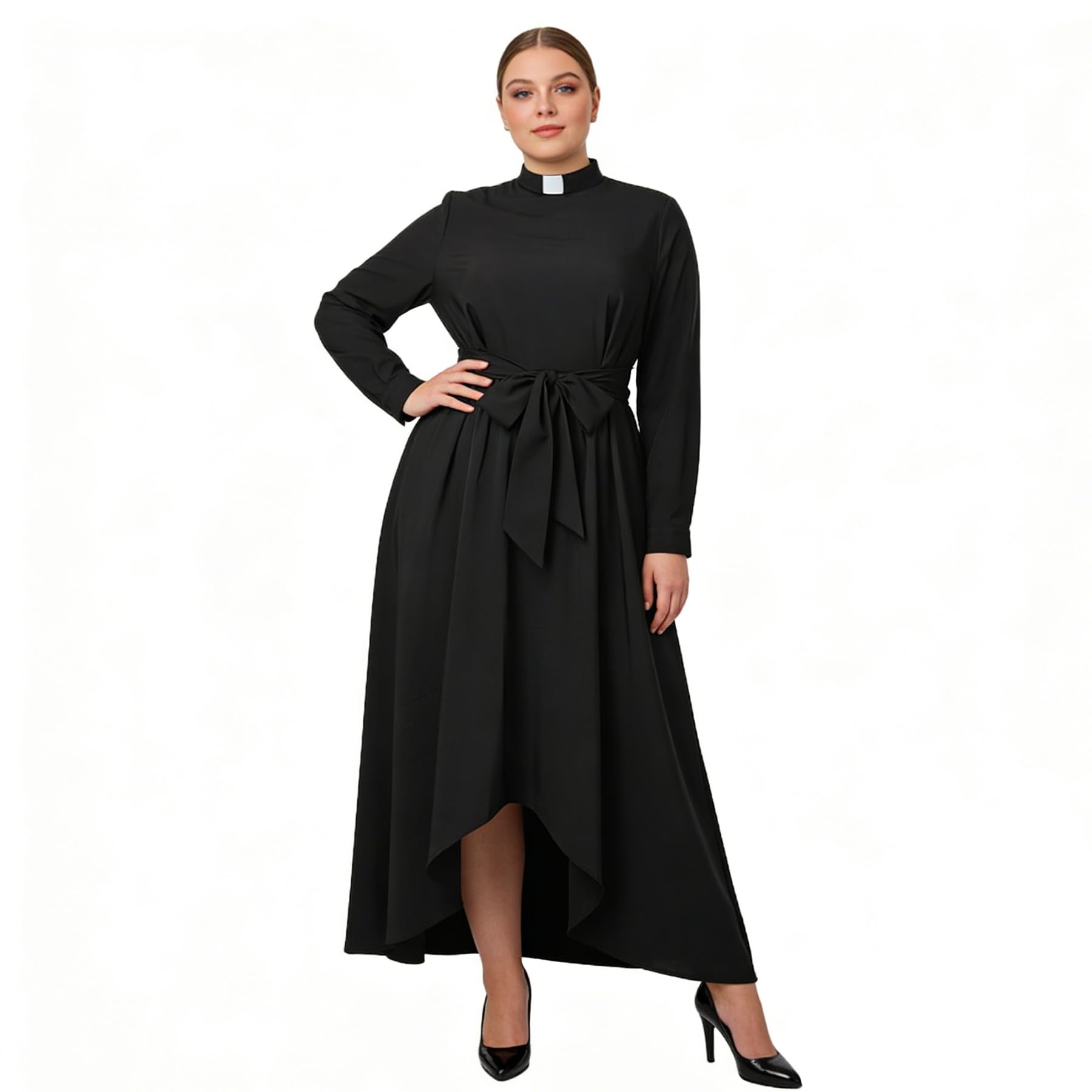 Sukienka kościelna dla kobiet z długim rękawem, luźna, elegancka sukienka maxi dla duchownych z zakładką, kołnierz i paski, Czarny, 5XL