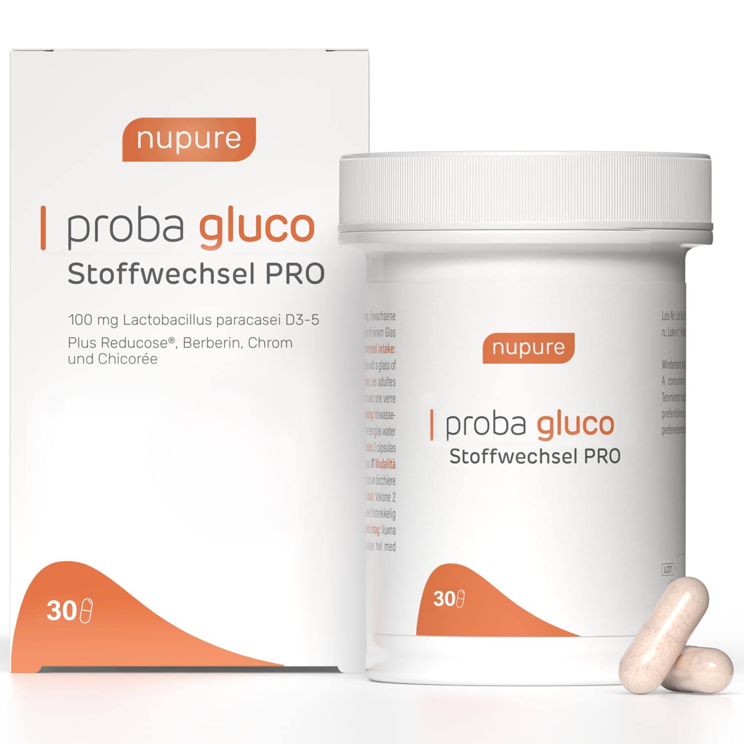 Nupure® Gluco Lactobacillus Proba Stoffwechsel PRO – 5-in-1-Stoffwechsel-Booster hochdosiert mit Berberin, Chrom, Reducose®, unterstützt Appetitkontrolle & Blutzuckerspiegel, vegan, 30 Kapseln