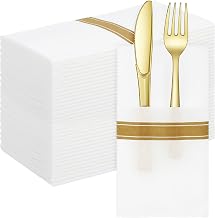 100 Pcs Disposable Dinner Napkins with Built-in Flatware Pocket, 16 x 16 Inch White Gold Trim Lined Prefolded Cloth Like Paper Napkin Linen Feel Dinner Napkins for Hotel, Restaurant, Wedding