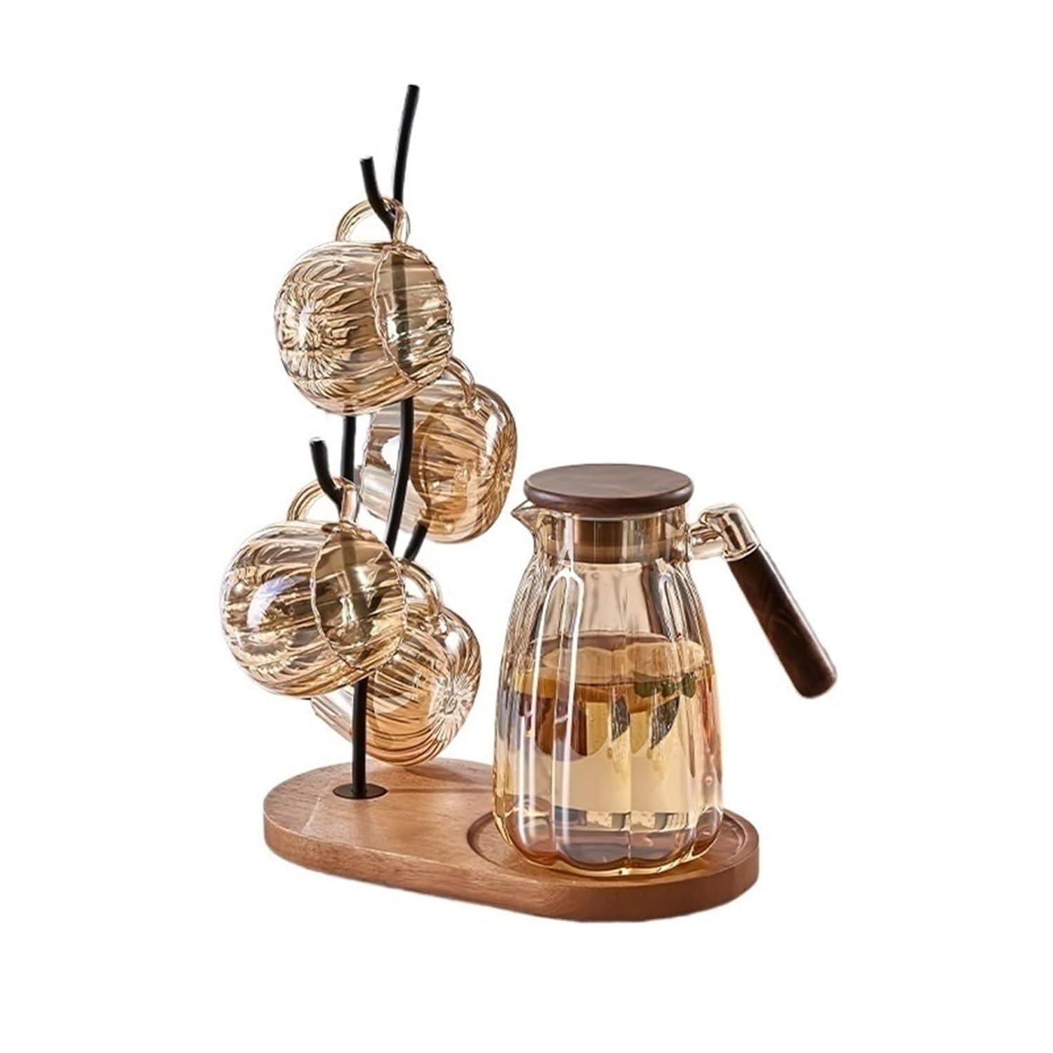 Drinkware Amber-colored Glass Cup Set 4 Pcs 15oz Pumpkin Water Cups 1pcs Tree-shaped Metal Holder Pitcher with Handle