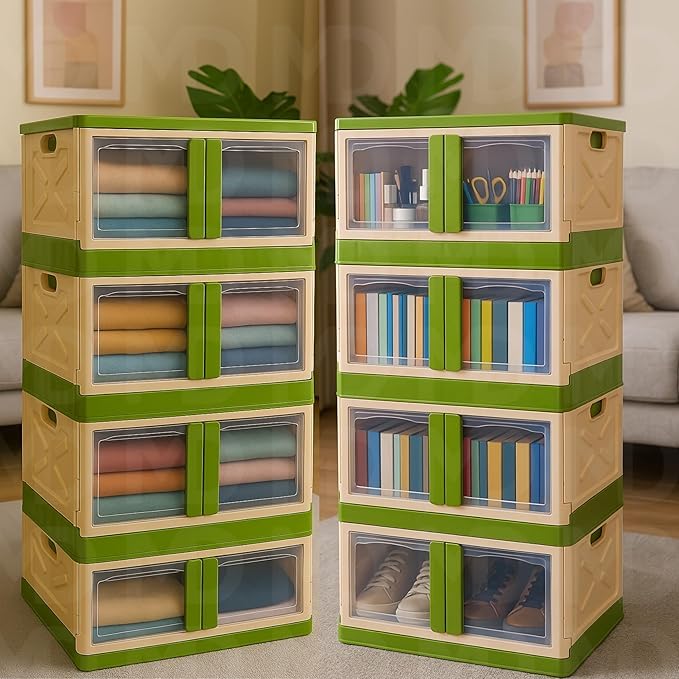 mechdel Storage Plastic for Closet Organizers,Cupboard rack,Folding Storage Box, Stackable Storage with Open Front Door, with wheels (Parrot Green, 4PCS-(72L))Made in India 1