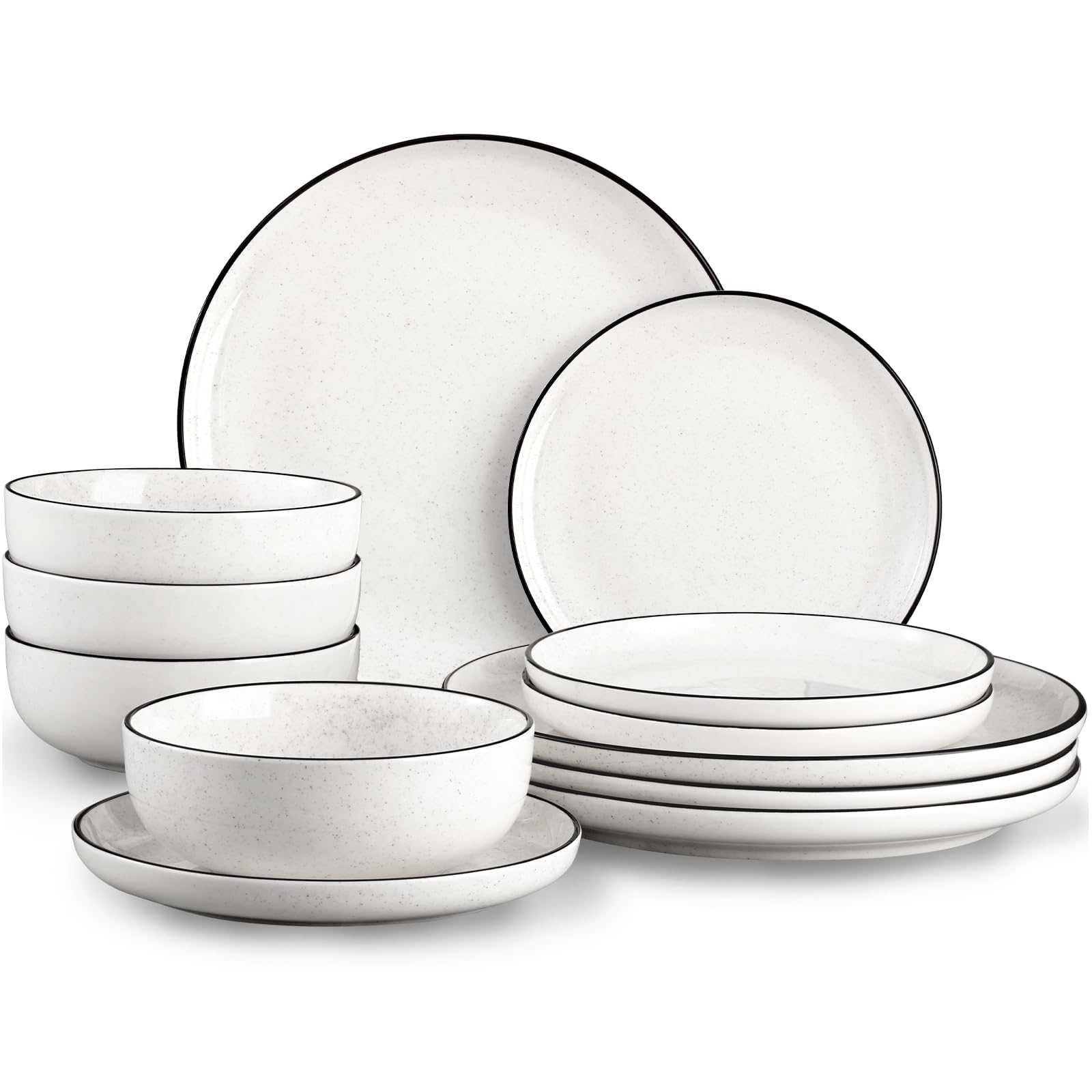 Plates and Bowls Sets for 4,12 Pieces Ceramic Dish set, White Dinnerware Set for Kitchen, Modern Design Plate Sets with Black Rim, Microwave and Dishwasher Safe