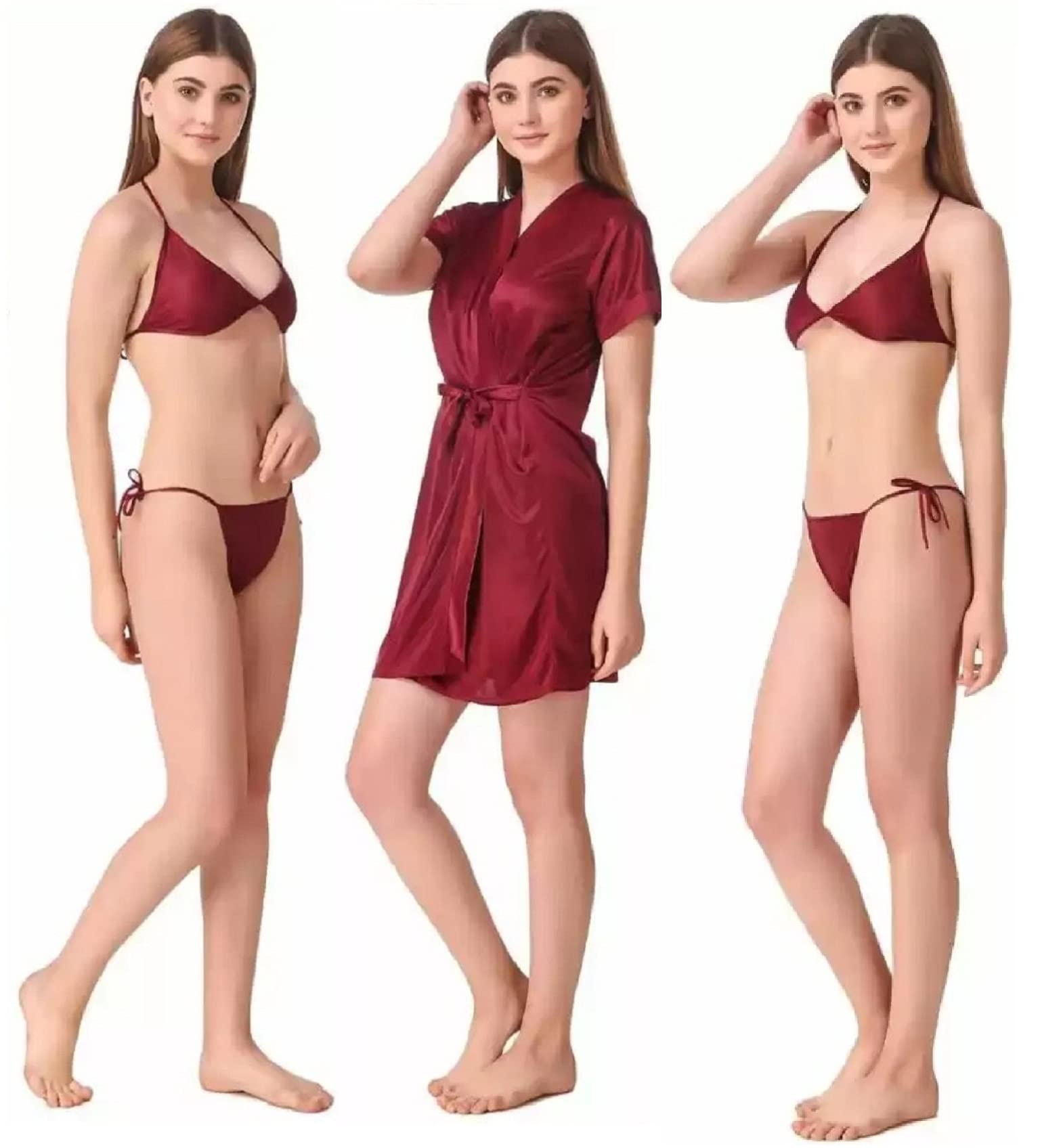 Women's Satin Blend Solid Knee Length Babydoll Lingerie Set (A6545, Pink, Free Size)-image-21