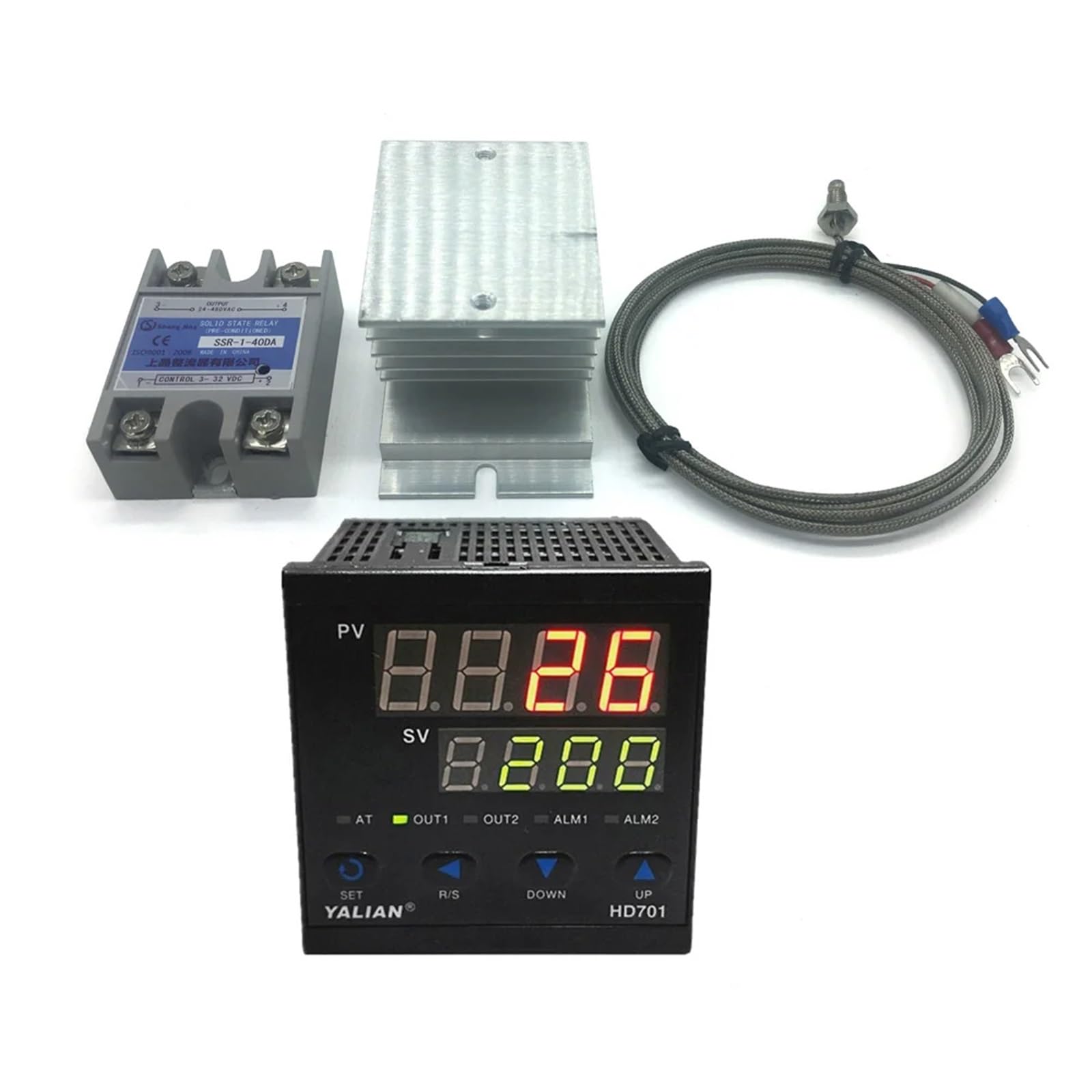 Zestaw cyfrowych mierników temperatury, regulator temperatury Pid, 220 V, wyświetlacz dwuwierszowy + chłodnica + termoelement 2 m K + 40 A SSR (HD101)