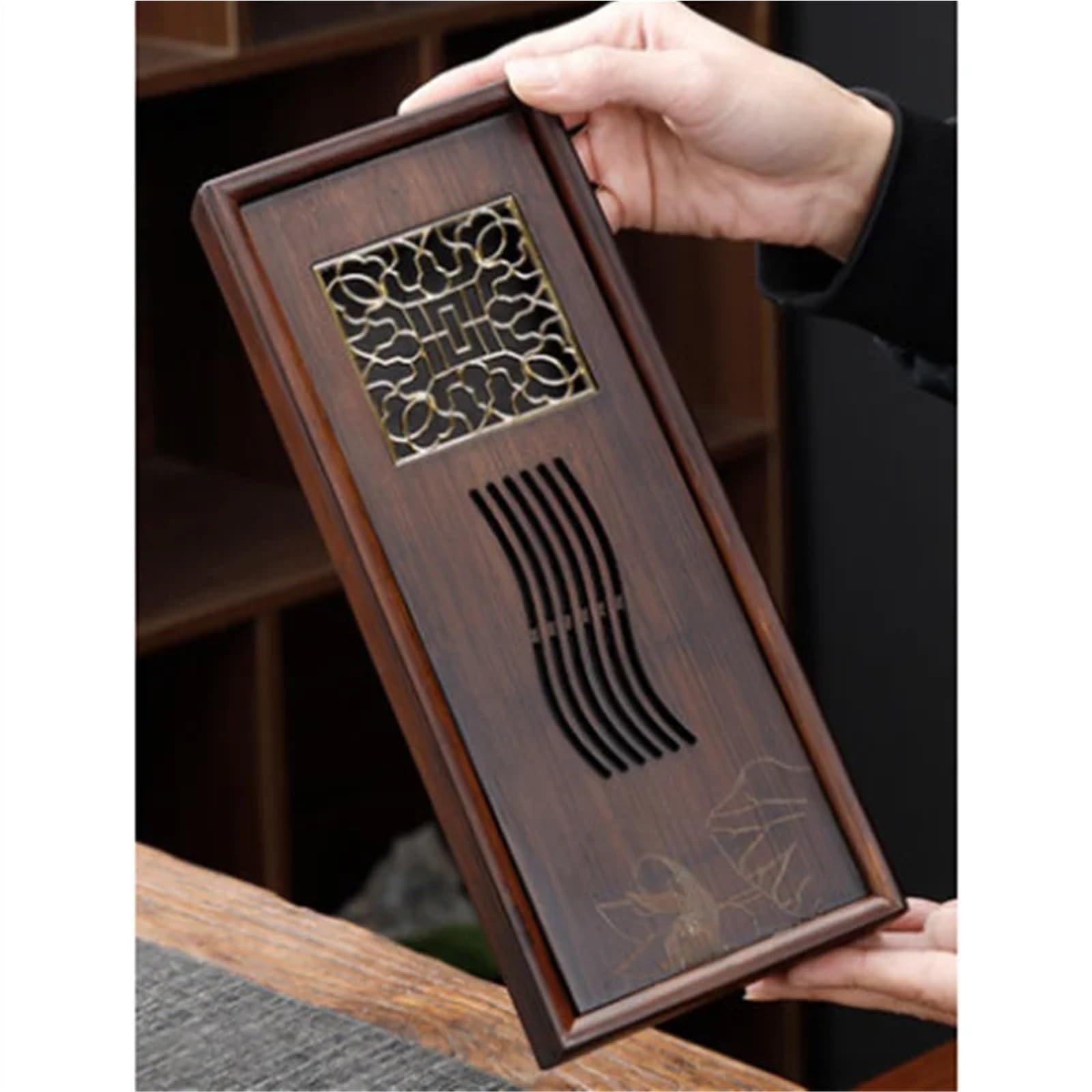 Vassoio da tè in bambù per kung-fu, pannello cavo con contenitore, elegante set di accessori per la casa (L40 x 21 x 5 cm, 1000 ml) per cerimonia del tè tradizionale