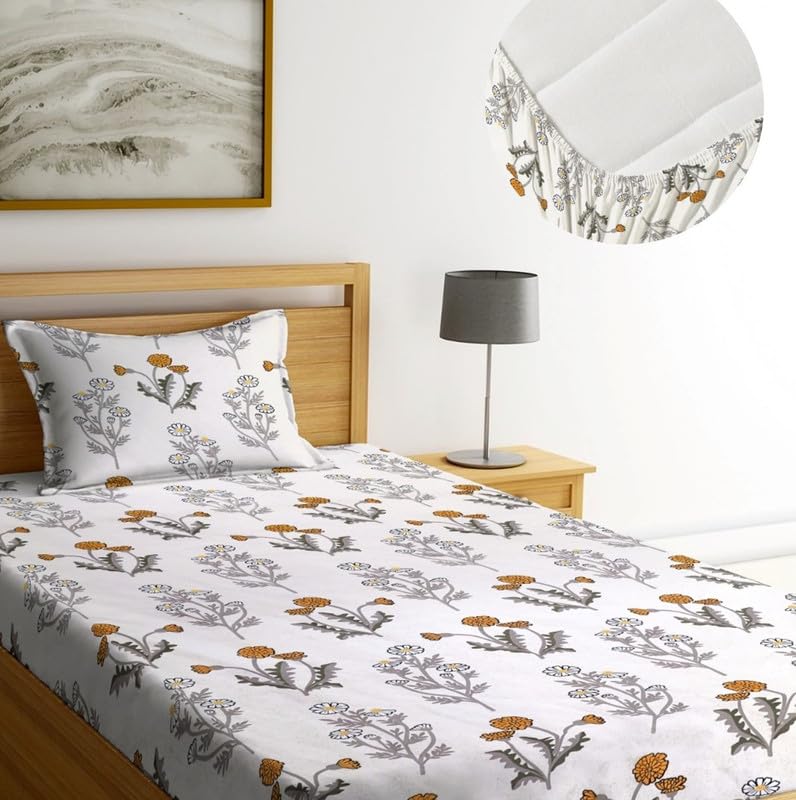 Image of NHD HOME Premium Cotton Elastic Fitted Floral Bedsheets with 1 Pillow Covers | Single Mattress Bed with All Around Elastic 180 TC Supersoft | Size - 72 x 36 +6 inches White, Small Single