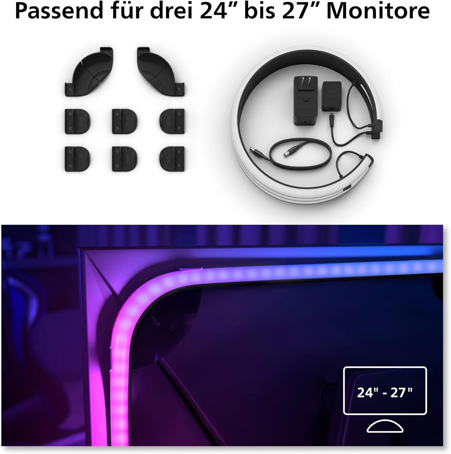 Philips Hue White & Color Ambiance Play Gradient, PC Lightstrip für 3 x 24-27 Zoll, dimmbar, 16 Mio. Farben, Starter Set, inkl. Hue Bridge, kompatibel mit Amazon Alexa (Echo, Echo Dot)