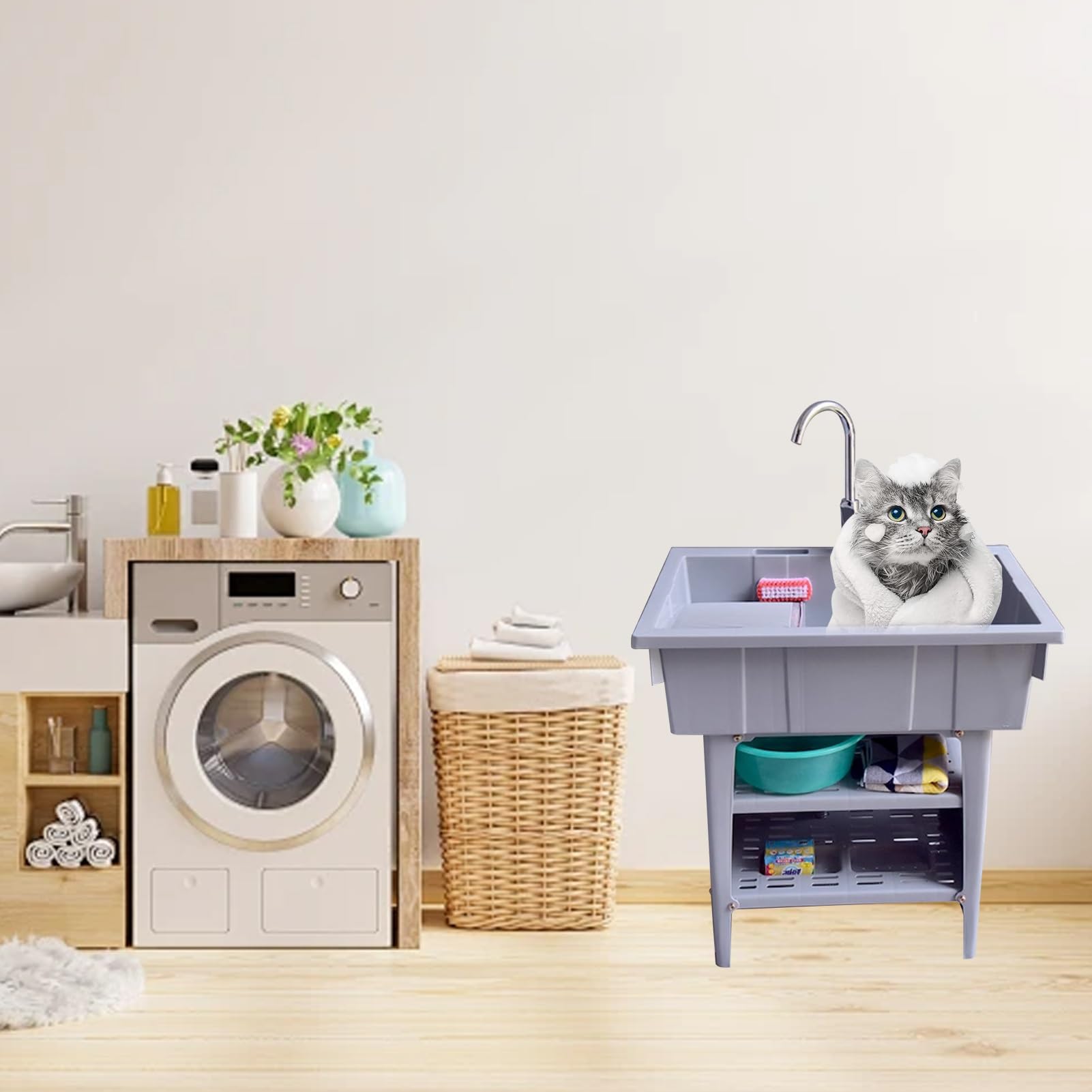 Évier À Linge Autoportant avec Robinet, Évier Utilitaire en Plastique,évier Portable, Evier Exterieur,Robinet d'eau Froide Et Chaude pour Buanderie, Garage, sous-Sol, Jardin.