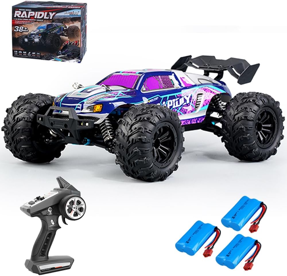 X-Verse 16101 1/16 Fast RC Cars for Adults, Max 38 mph Carbon Brush Motor Remote Control Car All Terrain RC Truggy Waterproof Off Road Truck - 3 Battery(Purple)