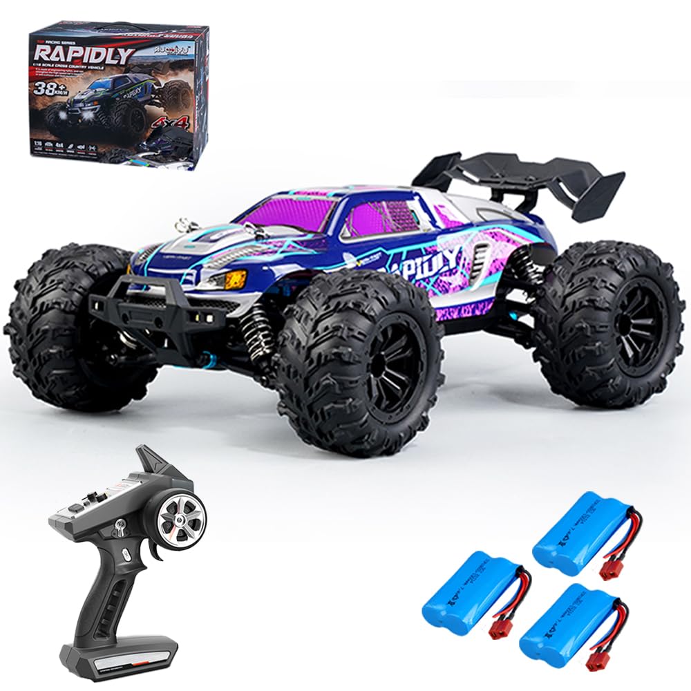 X-Verse Coche teledirigido 1:16, 50 km/h, cepillo de carbón, motor RC de alta velocidad, Offroad Drift, coche de carreras, 2,4 GHz, 4 WD, todo terreno, todoterreno, coche de carreras, 3 pilas (morado)