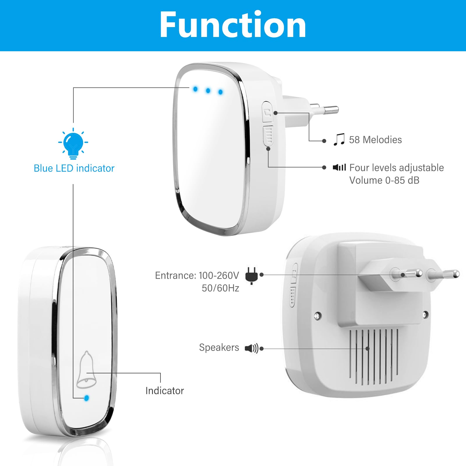Timbre Inalámbrico Exterior Impermeable Casa: Timbre Inalámbrico Interior, Timbre Puerta, 1 Transmisor y 2 Receptores, Doorbell con Indicador LED, 58 Melodías, 5 Volumen, Alcance a 300m, Blanco