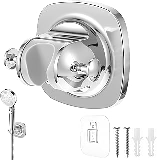 Shower Handle Holder, Adhesive Shower Head Holder with 2 Hanger Hooks, Handheld Head Holders with Screw Option for Bathroom Wall Mount (Silver)