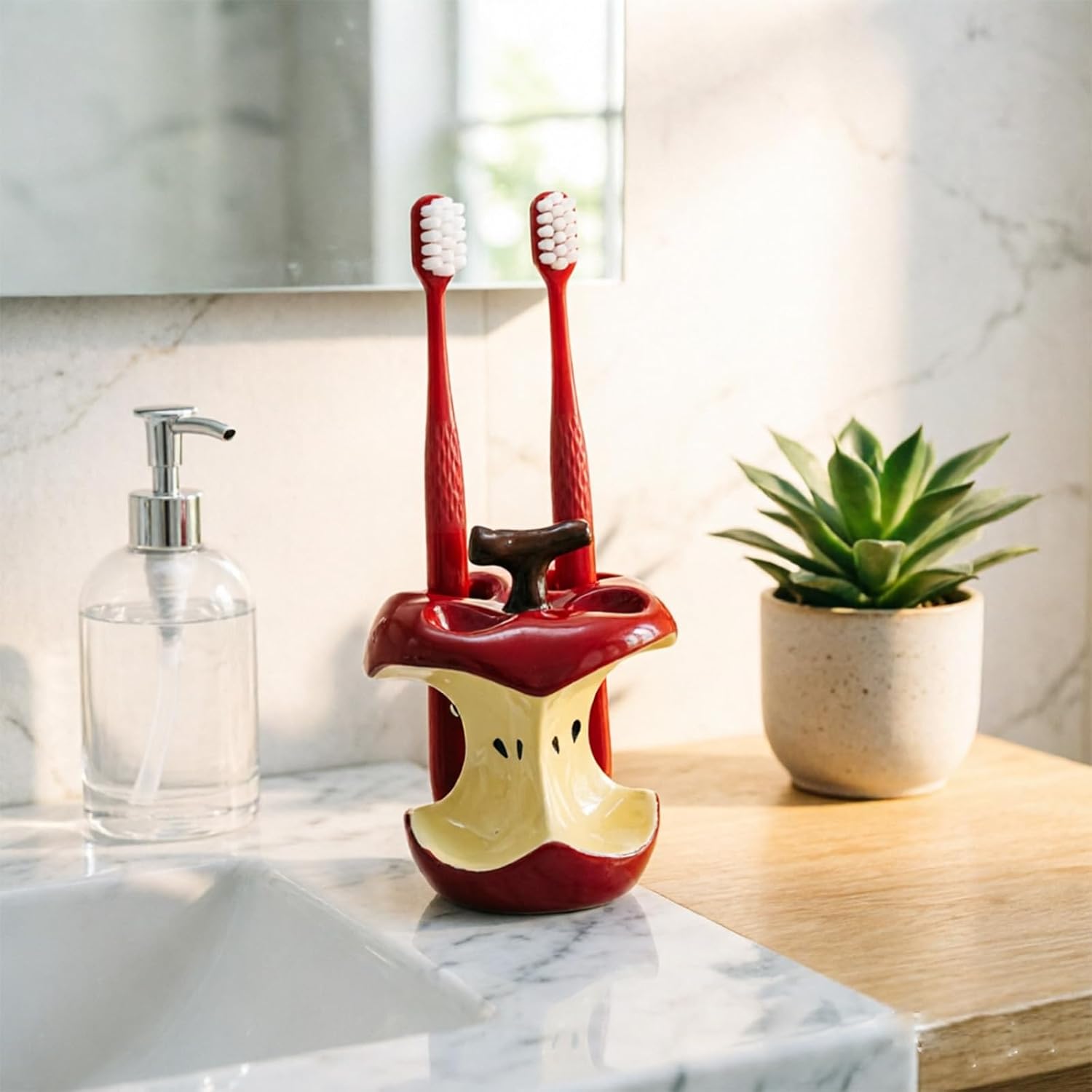 Ceramic Apple Core Toothbrush Holder, Dual-Function Desk Organizer