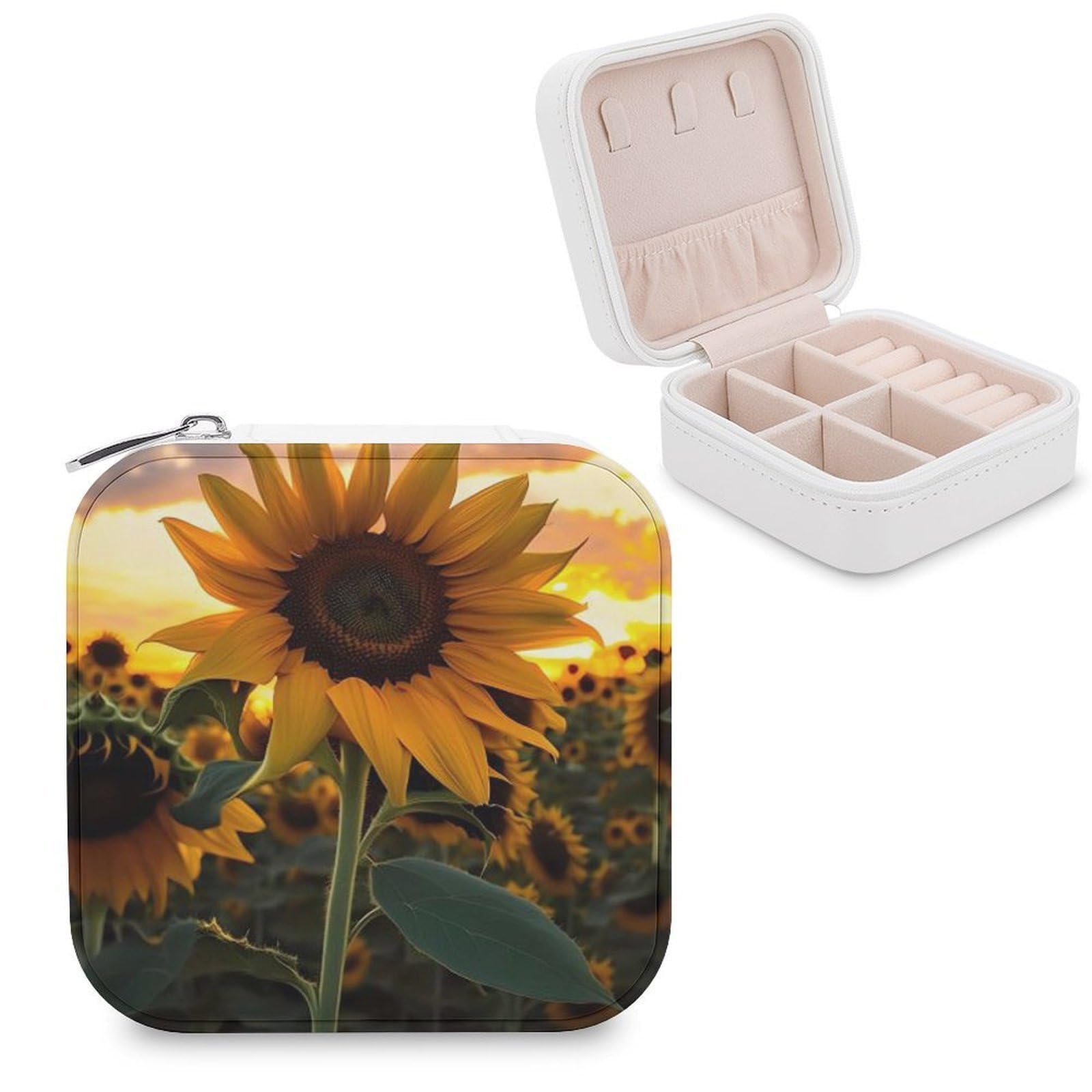 VstaDank Farm Sunflower Jewelry Box Exquisite Leather Jewelry Organizer Portable Trinket Organizer Fashion Travel Jewelry Case for Rings Earrings Necklaces Unique Gifts for Women